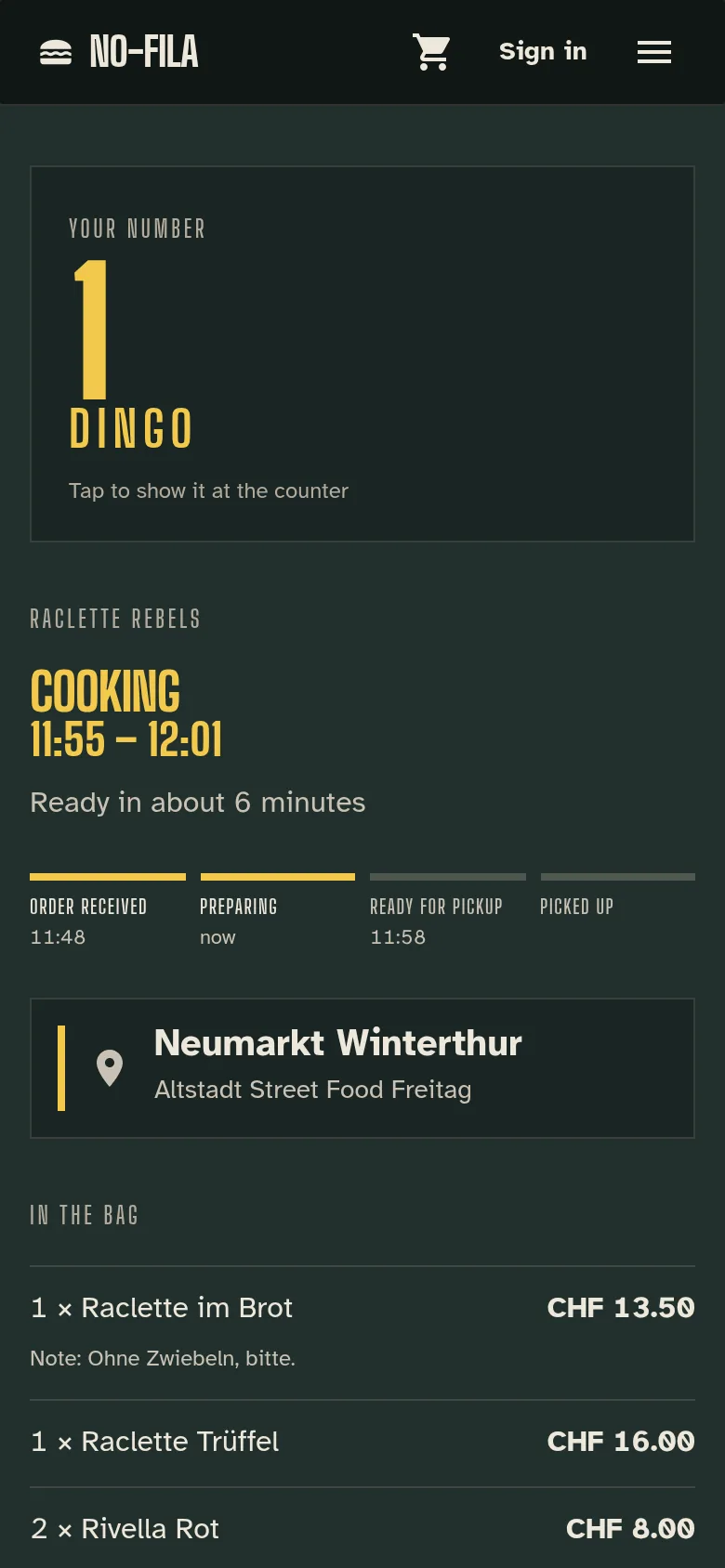 Illustrative guest order screen with demo data.