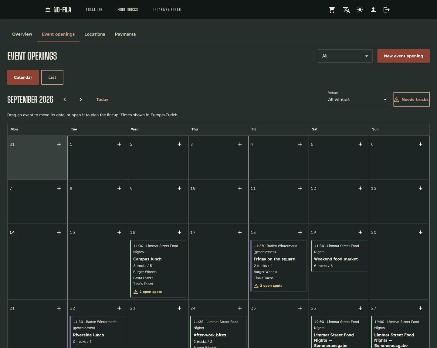 Organizer calendar showing event dates, booked trucks and open places with illustrative demo data.