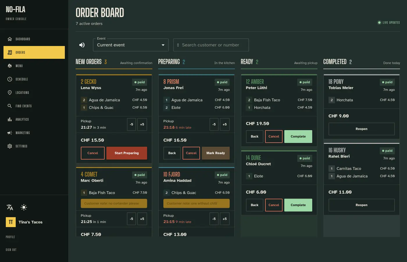 Food-truck order board showing paid orders and pickup codes with illustrative demo data.